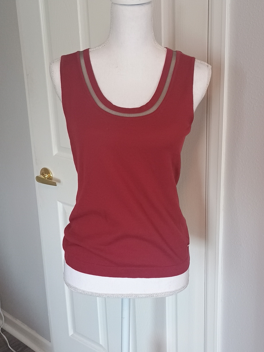 Escada Sleeveless Tank in Deep Brick Red with Neutral Trim